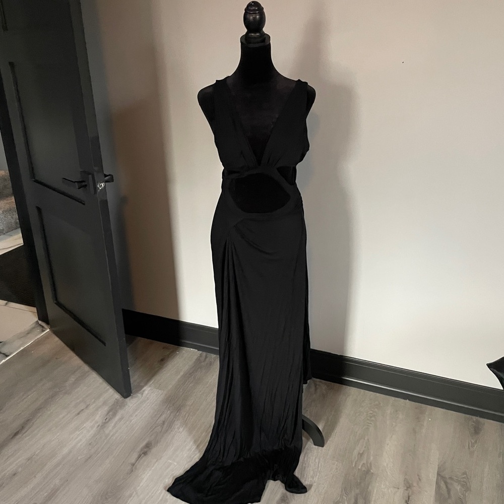 ANGL full length black slit backless flirty maxi